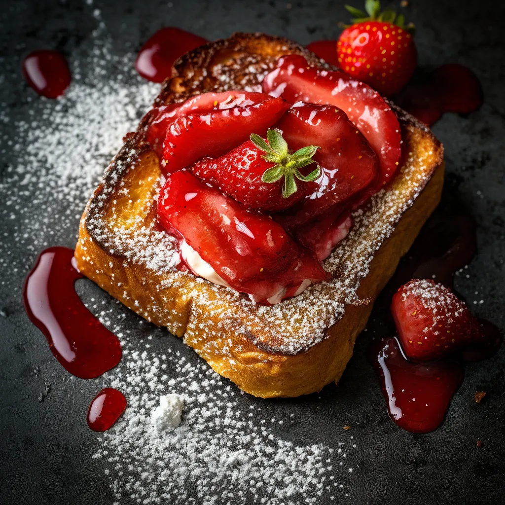 Thick slices of a golden brioche French toast topped with a vibrant strawberry rhubarb compote and dusted with powdered sugar