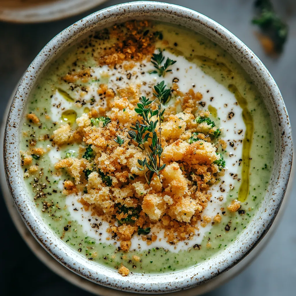 Green, creamy, and vibrant soup generously sprinkled with golden cornbread crumbles. A sprig of fresh thyme is set on top, and a tiny drizzle of cream creates a tempting swirl. Served in a rustic white bowl.