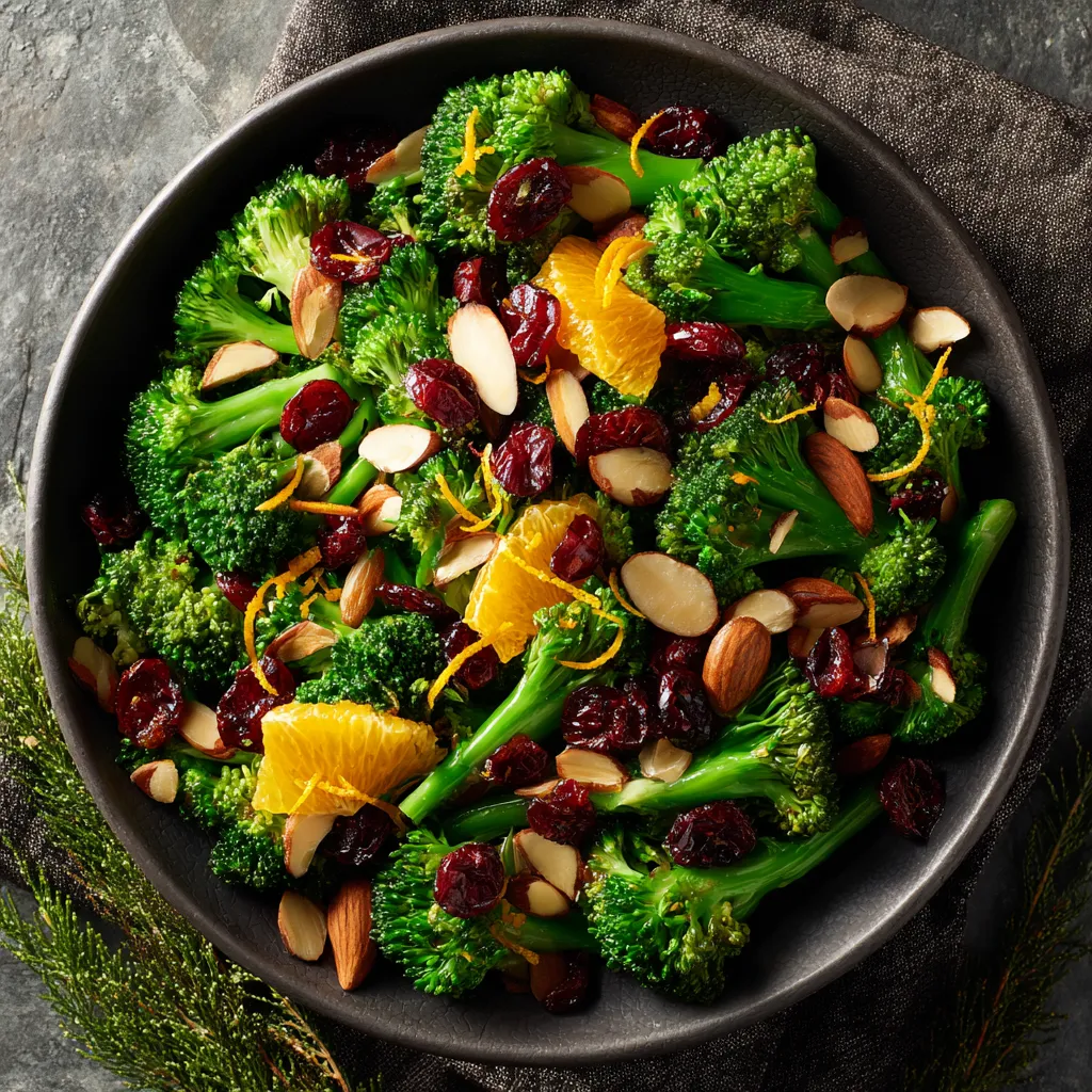 Visualize a vibrant green canvas of al dente broccoli speckled with ruby red cranberries, accented by golden toasted almonds. Everything garnished with orange zest for a pop of color, making it a feast for the eyes.