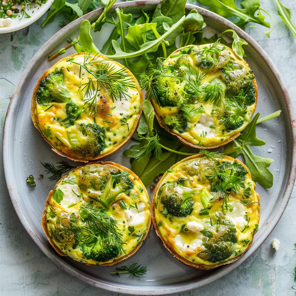 An adorable duo of mini frittatas sits on a plate, garnished with fresh dill. Each one is a slightly browned disc, filled with vibrant green broccoli florets, and dotted with creamy patches of melted goat cheese. A light salad with a tangy vinaigrette surrounds the frittatas.
