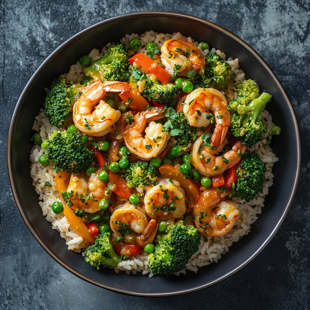 A vibrant medley of fresh, steamed broccoli florets, plump shrimp, and crisp bell peppers shine in their saucy splendor against a backdrop of warm, fluffy rice. The dish is generously scattered with fresh herbs and orbs of green peas for an extra burst of color.