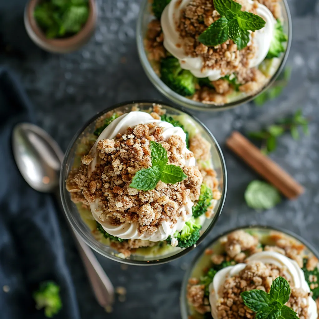 A beautiful dish served in glass dessert bowls. The bottom layer of emerald broccoli apple mixture glistens, followed by a golden crumble layer offering a satisfying crunch. It's capped with a dollop of snow-white, fluffy cinnamon whipped cream. A sprinkle of cinnamon and a sprig of mint adds the final color contrast.