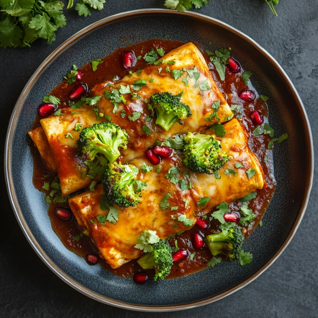 The plated dish presents a quartet of enchiladas, golden brown and bubbling with melted cheesy goodness, atop a pool of deep red chipotle sauce. The bright green bits of roasted broccoli peek through the topping. Fresh red pomegranate seeds and chopped coriander are sprinkled on top for a bust of color.