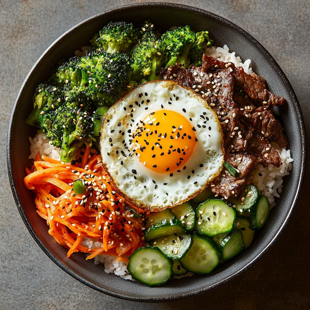 This bowl is visually striking with a dome of multi-grain rice center stage, crowned with a gleaming, sunny-side up egg. Clockwise around the bowl, vibrant colors pop from the quick-pickled cucumbers, bright and charring broccoli florets, juicy shredded carrots, and lean strips of beef bulgogi. Sprinkles of black and white sesame seeds add a finishing touch.