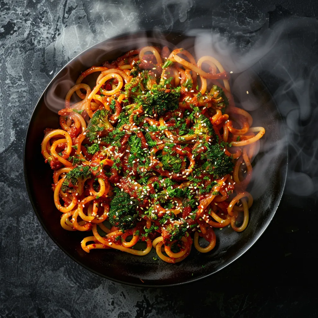 A vibrant dish with steaming swirls of tender pasta coated in the glossy, reddish glow of Gochujang sauce. Steamed broccoli florets are scattered across, evoking the sight of blooming blossoms. A sprinkle of sesame seeds adds a pleasing contrast.