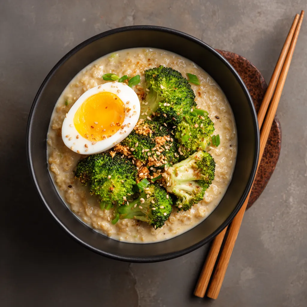 In a matte black, shallow bowl sit wholesome oats cooked in creamy miso. The oats radiate warm tones, speckled with bright green on top; sautéed broccoli florets, adding a vibrant contrast. Adorning one edge is a soft-boiled egg, its golden yolk enticingly revealed. Sprinkles of toasted sesame seeds scatter on top and a pair of wooden chopsticks lie beside the bowl, making this breakfast dish not only appetizing, but an artful feast for the eyes.