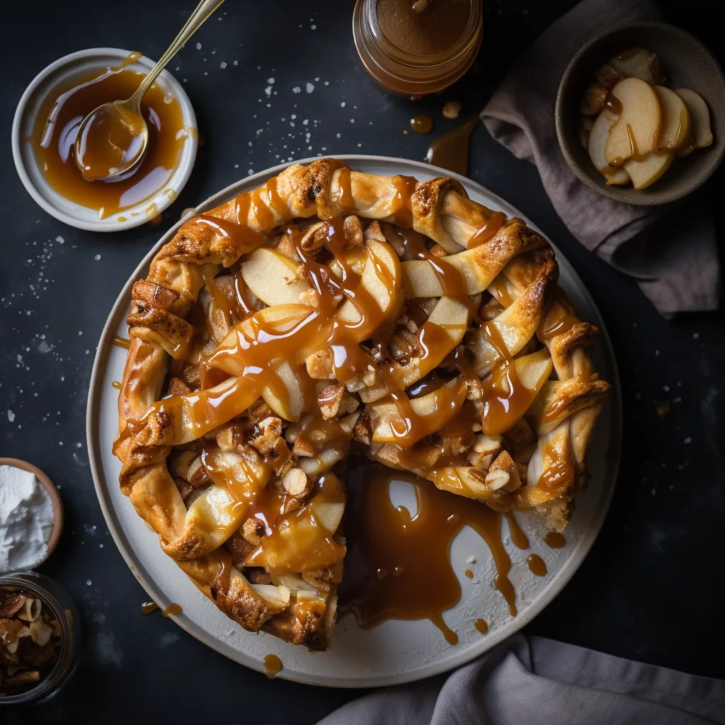 A golden, flaky pie crust with a layer of perfectly spiced and caramelized apples, topped with a generous drizzle of bourbon caramel sauce and a sprinkle of sea salt.