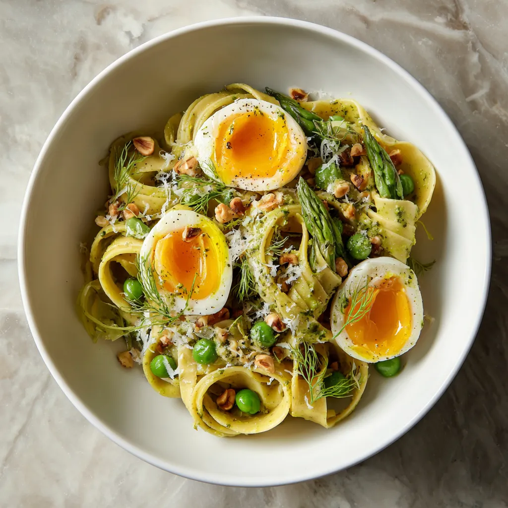 From above, a shallow white bowl filled with glossy ribbons of pasta twirled into loose nests, dotted with emerald asparagus coins and golden-browned leek ribbons. Halved jammy eggs sit on top with glowing yolks, finished with feathery chervil, lemon zest, cracked pepper, shaved Parmesan, and a scatter of toasted hazelnuts for dramatic texture.