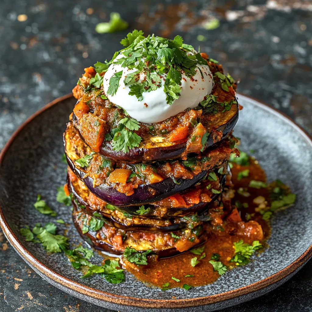 The plate showcases a tall stack, a tower of sorts with alternating layers of vibrant eggplant masala and golden toast. A dollop of creamy white spiced yogurt is artfully placed on top, with a sprinkle of vivid green chopped coriander around. Some richly orange masala sauce gathers invitingly at the base of the stack.