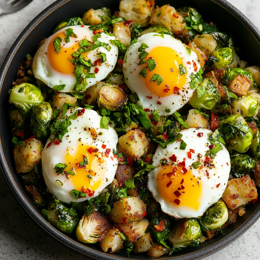 The dish is absolutely beautiful with bright green brussels sprouts peeking through the golden-brown hash, contrasted with delicate shavings of caramelized Gruyère cheese. The poached eggs on top have a slightly runny yolk that intentionally drapes over the hash. A light sprinkling of vibrant red chili flakes and a drizzle of hollandaise sauce give it the perfect finishing touch.