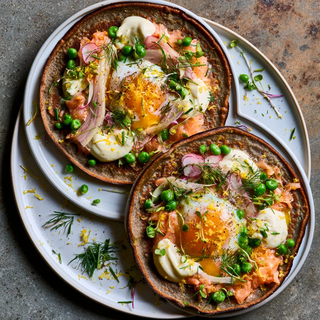 From above, two dark golden buckwheat galettes sit open-faced on white plates, each topped with blushing flakes of salmon, a jammy soft egg, swoops of pale crème fraîche, ribbons of fennel and radish, bright green peas, and scattered dill, chives, and microgreens with lemon zest sparkling over everything.