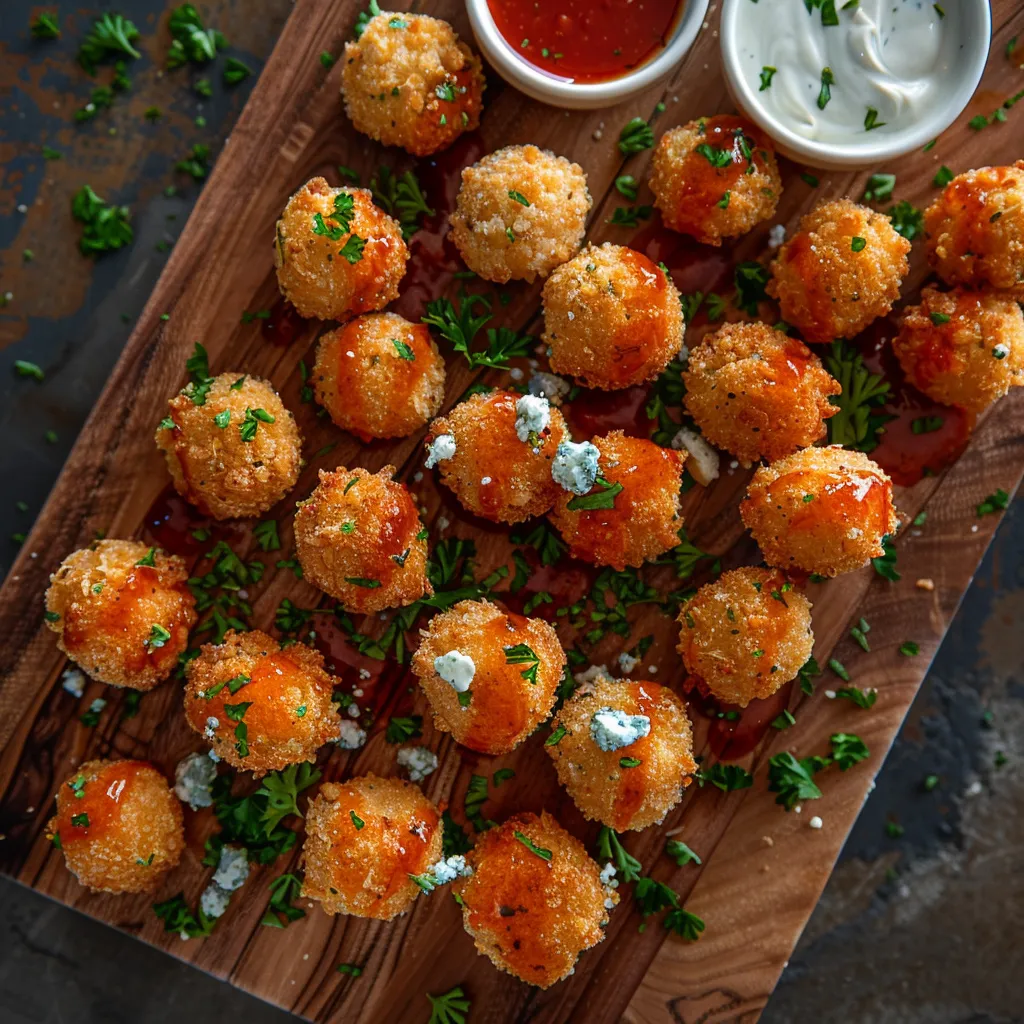 Golden, crispy spheres generously sprinkled with vibrant fresh parsley and blue cheese crumbles rest on a smooth pool of tangy buffalo sauce, all on a rustic wooden platter.