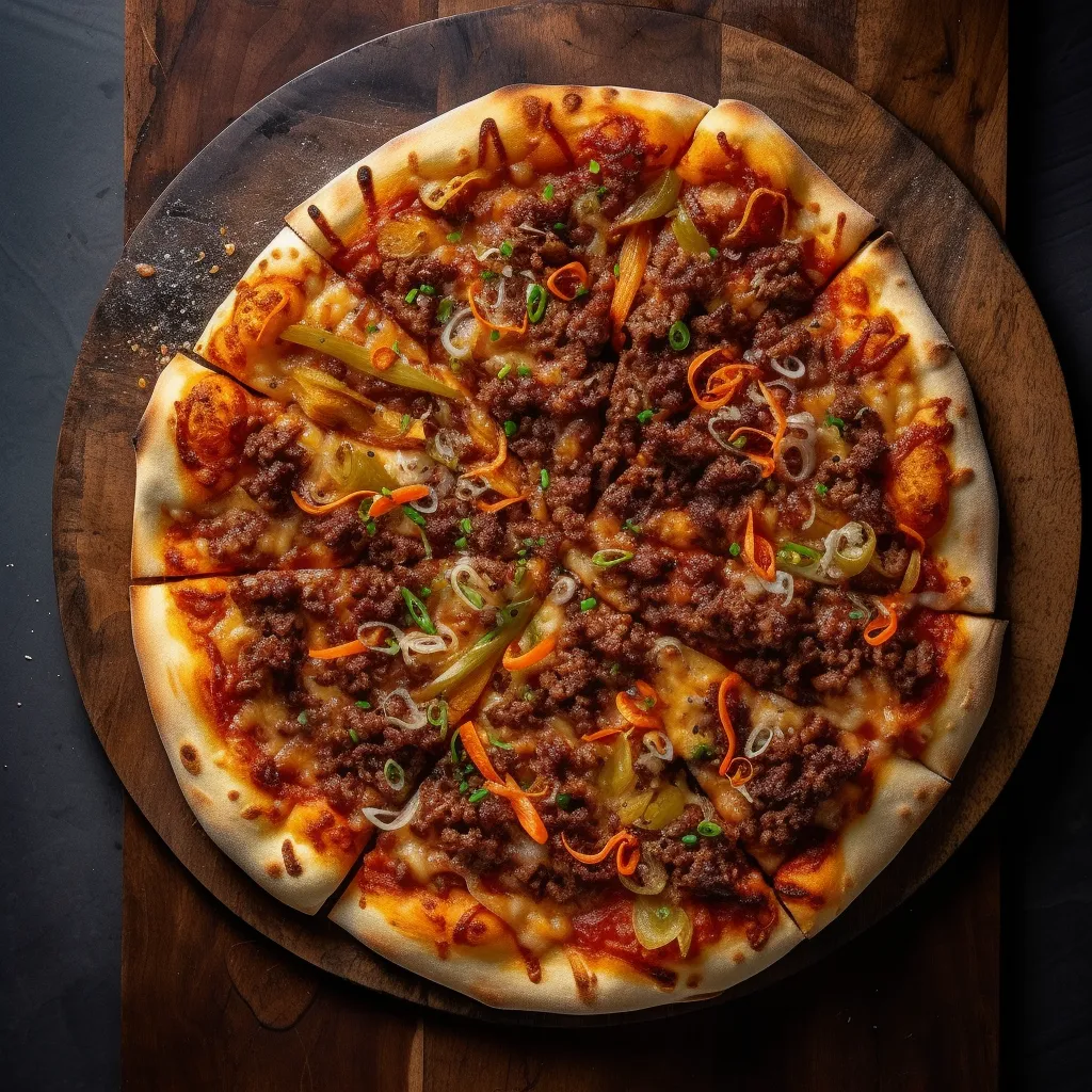 A round, crispy pizza with sauce and melted cheese, topped with marinated bulgogi beef and spicy kimchi.
