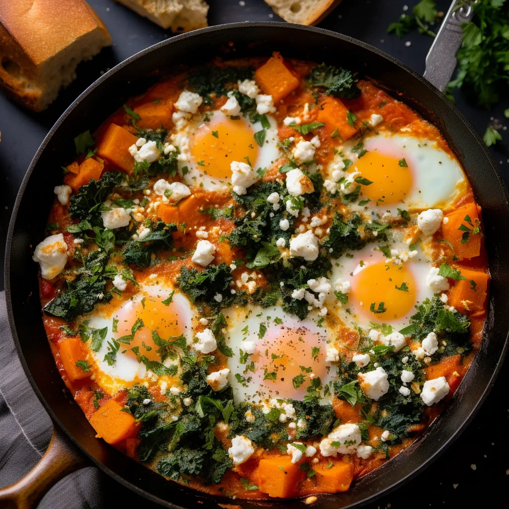 A vibrant and colorful dish consisting of a rich and thick tomato sauce with chunks of butternut squash, kale, and eggs with feta cheese on top, all served in a cast-iron pan or a large platter with fresh herbs and toasted bread.