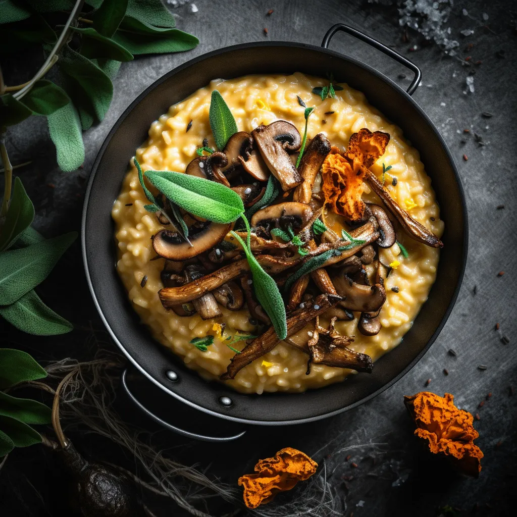 A mound of creamy orange risotto topped with grilled, glazed shiitake mushrooms and crispy fried sage leaves.