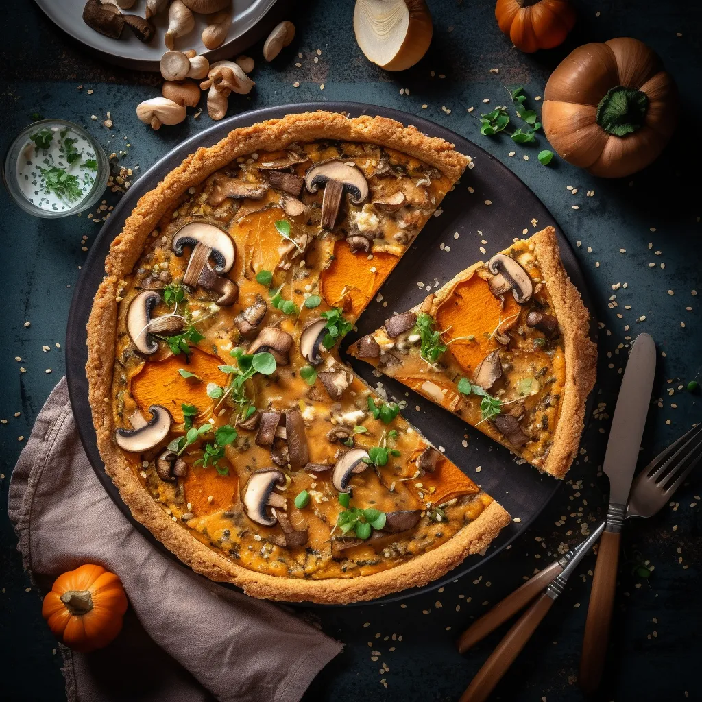 A golden quiche topped with some fresh herbs and seeds, cut into 4 even pieces revealing chunks of butternut squash and shiitake mushrooms.