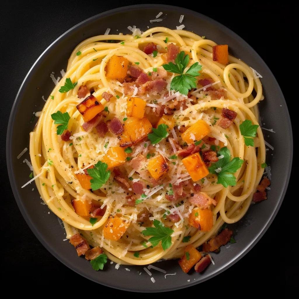 A plate with spaghetti and carbonara sauce. The sauce is orangish-yellow and slightly creamy. It has bits of chopped bacon, butternut squash, onion, and garlic. On top is sprinkled fresh chopped parsley.