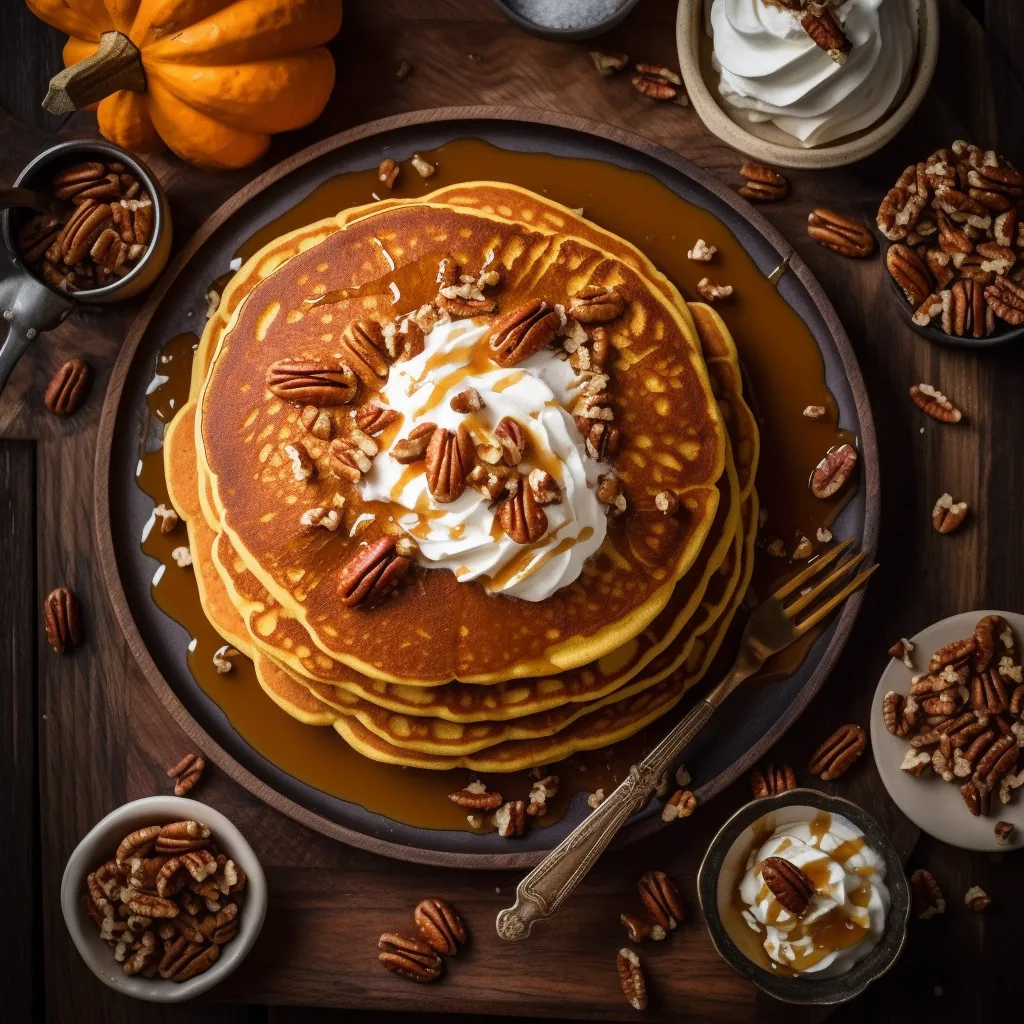Stack of fluffy orange pancakes, drizzled with maple syrup and topped with pecans and whipped cream.