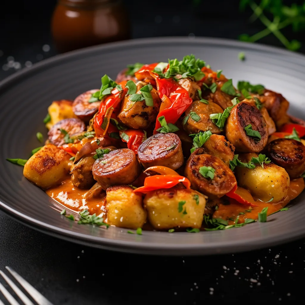 A vibrant plate of golden brown gnocchi tossed with slices of smoky sausage, glossed in a beautiful red pepper sauce. The nebulous red-orange hue of the sauce provides a tantalizing contrast against the gnocchis' marked crust and sausage's dark char. A sprinkling of green herbs enlivens the picture with dashes of freshness.