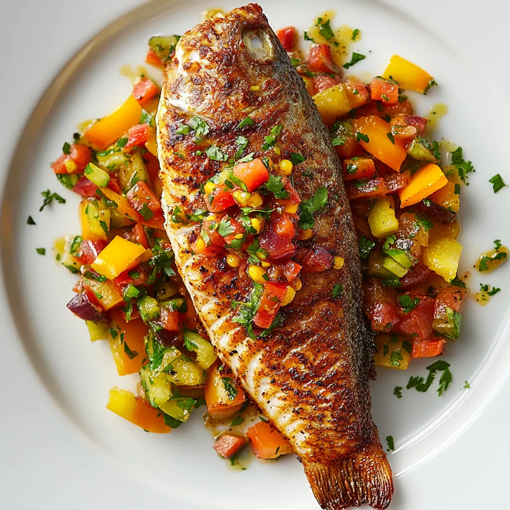 A large piece of sumptuously charred red snapper lays at the heart of the plate. Juicy plum salsa speckled with flecks of chilli and cilantro swirls around the fish like a crimson garland. A vibrant bed of green, yellow, and orange pepper juliennes underpins this beautiful medley, adding an array of colors that pop dramatically on a pure white plate.