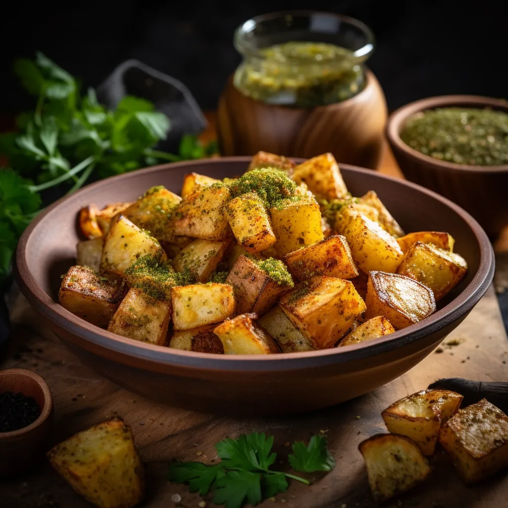 Imagine a plate with small, golden-brown, roasted pieces of parsley root dusted with dark red Cajun spices. Each bite is garnished with a thin, fresh parsley leaf. A small side dip of honey mustard sauce is present, with a wooden spoon stuck into it. The whole scene stands out attractively on a rustic wooden board, with a dark background that highlights the golden, spicy hues of the dish.