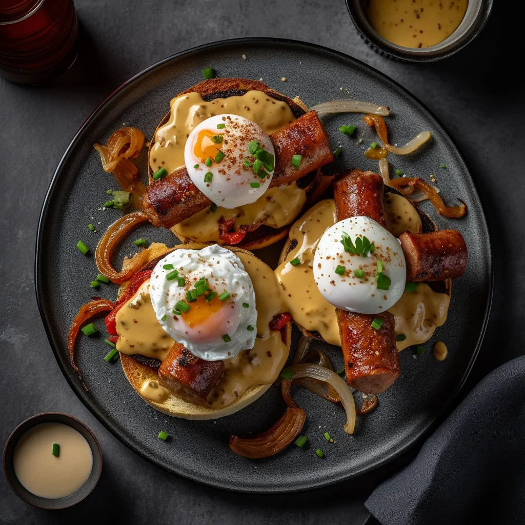 This dish features a toasted English muffin topped with spicy andouille sausage, a perfectly poached egg, and creamy sauce flavored with creole mustard and crystal hot sauce. It's finished off with crispy fried shallots sprinkled over the top.