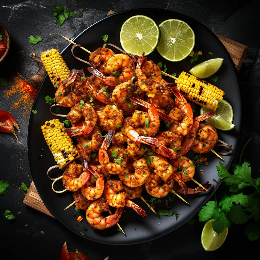 The plated dish features vibrant yellow grilled corn and succulent shrimp skewers seasoned with Cajun spices, served with a side of zesty lime wedges and fresh herbs.