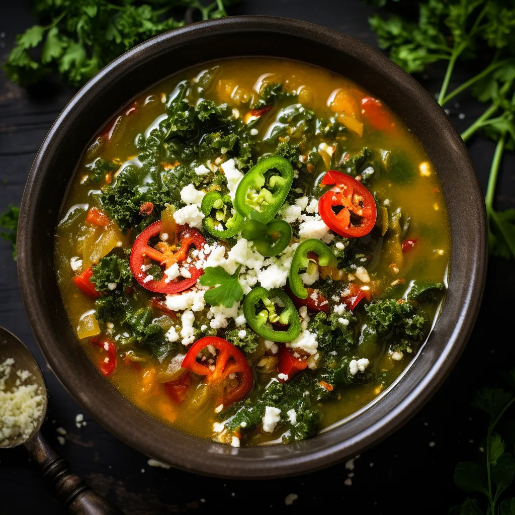 A vibrant, colorful medley of deep greens from kale, pops of red from bell peppers, and a creamy, richly spiced broth. Topped with a sprinkle of fresh, chopped green scallions and a dash of alabaster white, crumbled feta cheese - a visual feast in a bowl.