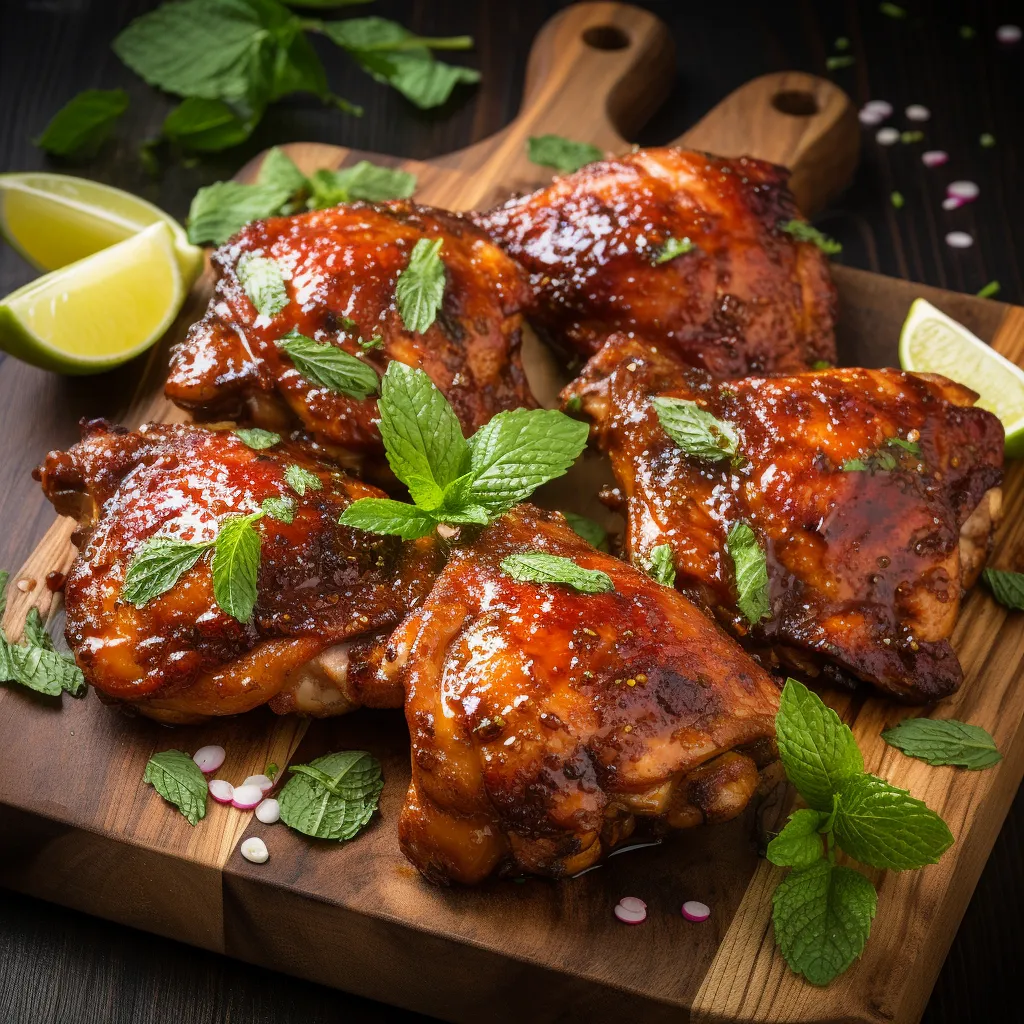 Golden-brown chicken thighs glossy with a slightly thick, mint-speckled, caramelized BBQ sauce. Pops of red from the Cajun spices and green from mint leaves garnished on top, all placed on a rustic wooden board with lime halves and more mint at the side.