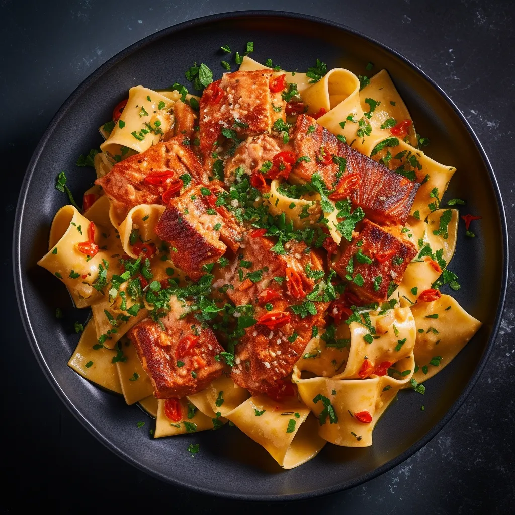 A large plate filled with bright, thick and fresh pappardelle pasta ribbons coated in a light, creamy, lemony sauce with cajun spiced salmon chunks and topped with a sprinkle of parsley and red pepper flakes.