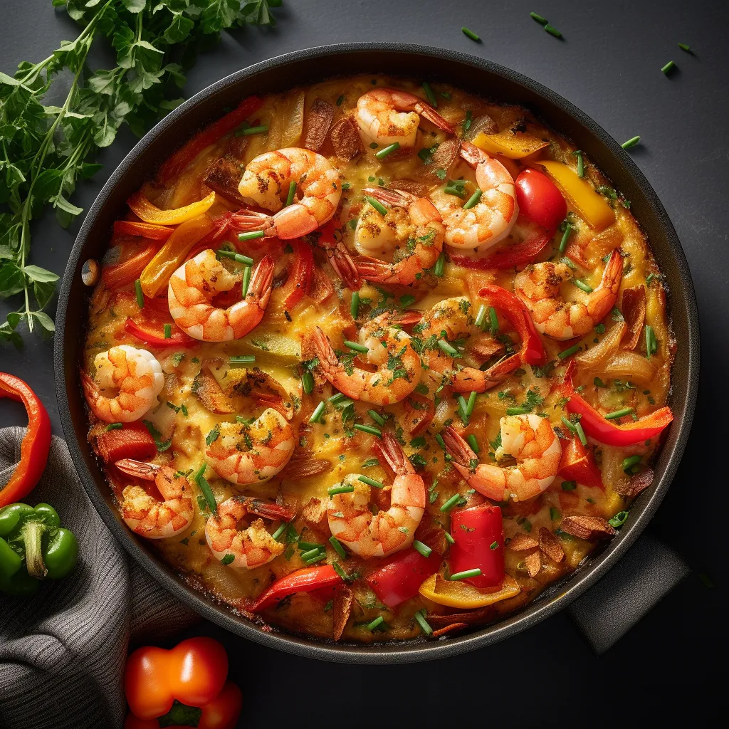 A golden, fluffy frittata topped with sautéed shrimps, colorful bell peppers, and fresh chives.