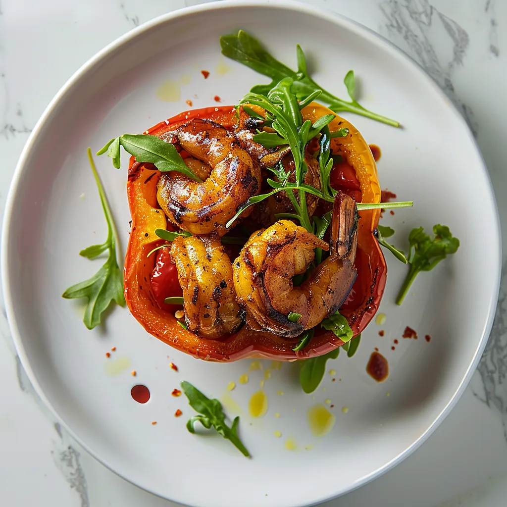 A vibrantly colored bell pepper with its top sliced off reveals a mound of spicy, brownish-red Cajun shrimp peeking invitingly. Tender emerald leaves of arugula crown the stuffed bell pepper, and the dish is served on a pristine white plate, contrasting beautifully with the vivid colors of the assembled ingredients.