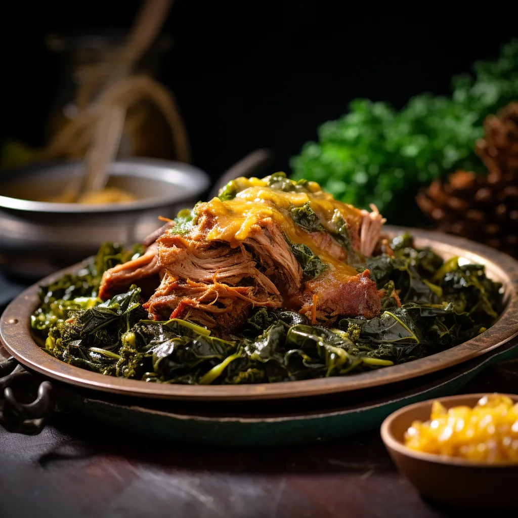 The deep reddish-brown, tender strands of pork generously piled on a plate, glistening under the warm sauce. Golden pools of tangy mustard sauce glaze the top, adding an alluring sheen. Pops of emerald green from the sauteed collard greens peek from beneath and around the pork, placed aesthetically. A lemon wedge on the side for an added burst of color.