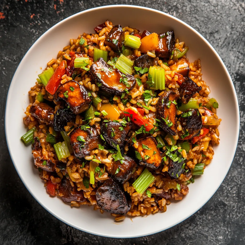 The plate radiates with warm tones of the seasoned rice mingling with deeply colored, charred Portobello mushrooms. Dotted with green bits of celery and red and yellow bell peppers, the Cajun spiced Jambalaya is a plethora of colors and textures that's a treat to the eyes.