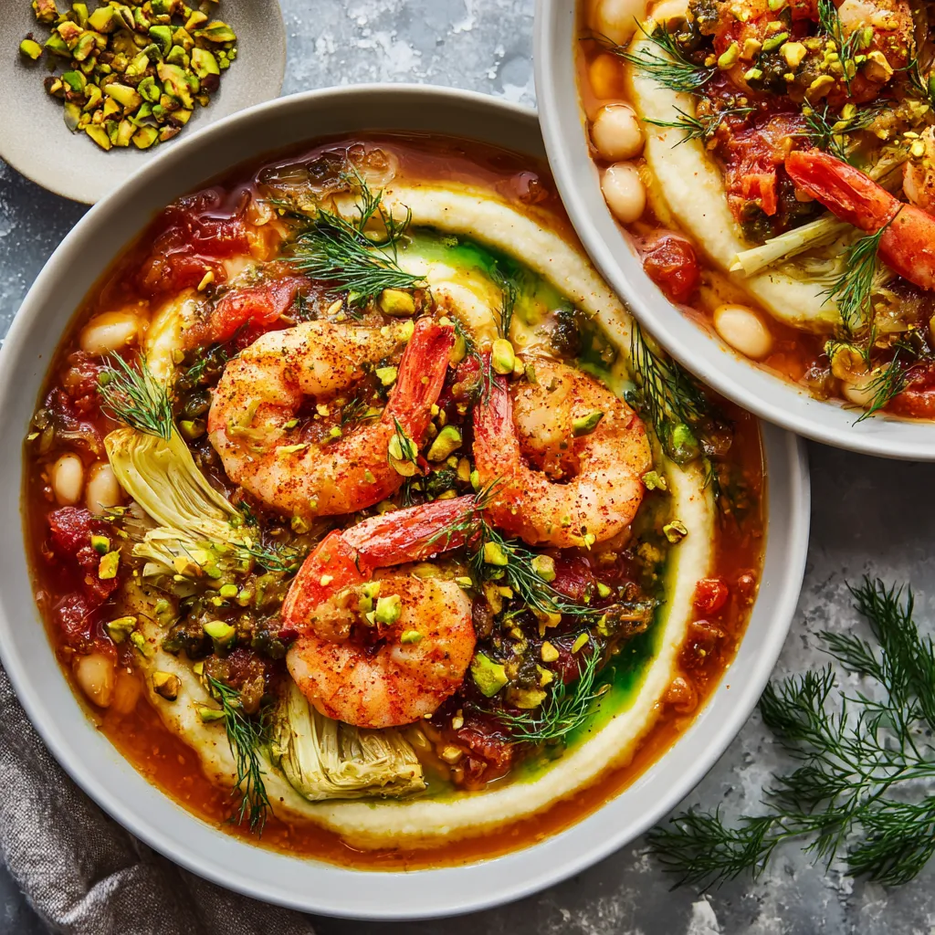 From above, two shallow bowls show a swirl of glossy tomato-white bean ragout with curved coral shrimp fanned on top, scattered green fennel fronds, crushed pistachios, lemon zest, and a vivid drizzle of emerald parsley oil.