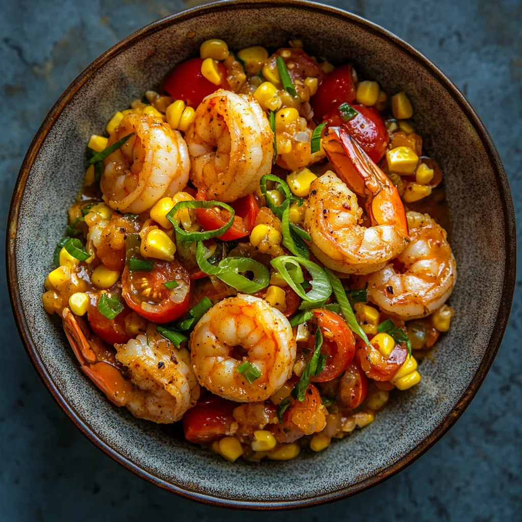 A colorful medley of large Cajun-spiced shrimps, sun-yellow corn kernels, and bursts of ruby red tomatoes, presented in a shallow bowl. Garnished with thinly sliced scallions and a drizzle of hot sauce, the dish pops with authentic Cajun color and vibrancy.