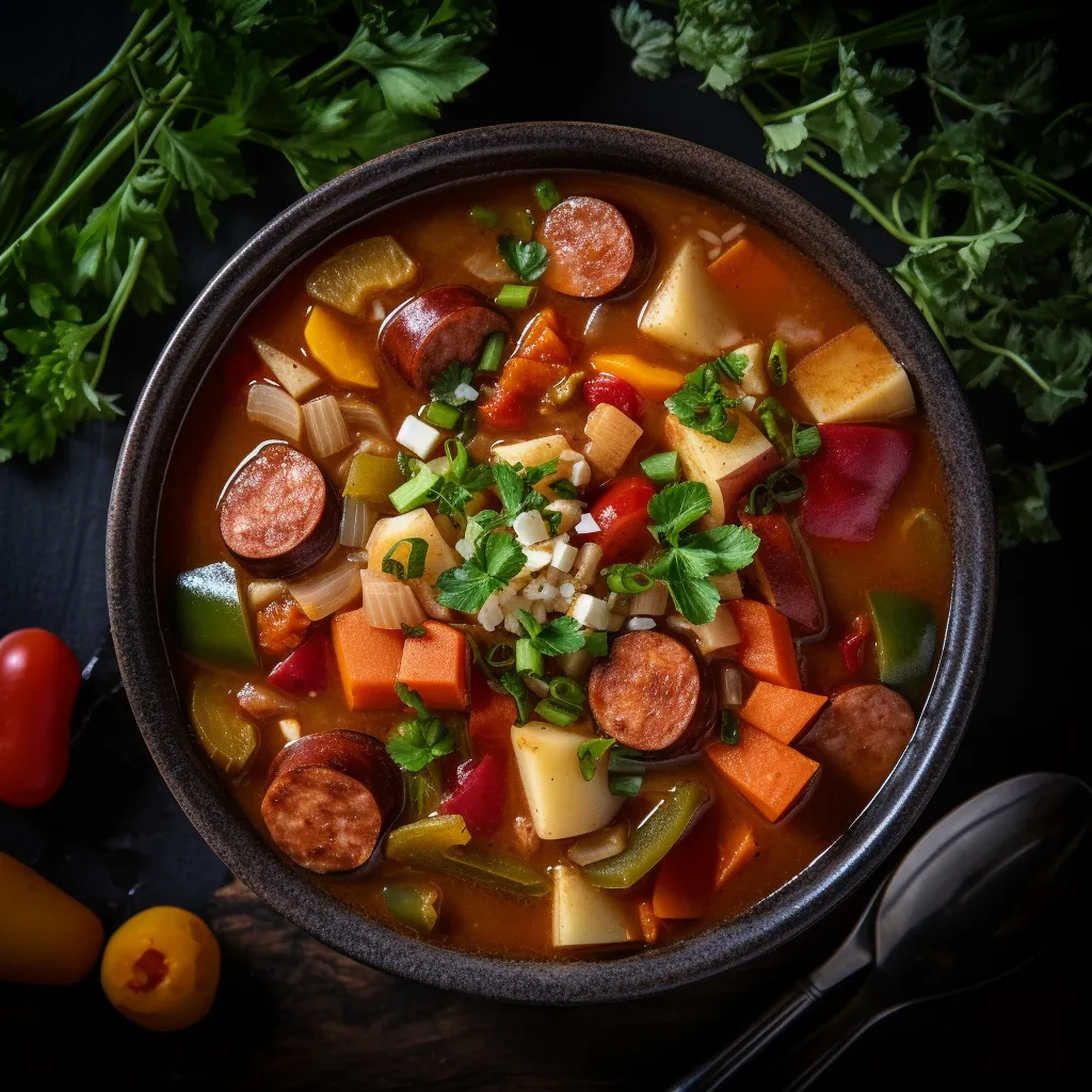 A piping hot bowl of a hearty soup filled with chunks of colorful vegetables and slices of spicy Andouille sausage.