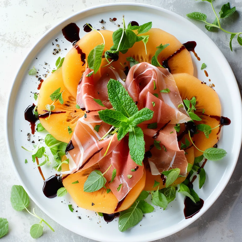 Bright orange, paper-thin slices of cantaloupe top a bed of mixed greens, subtly revealing the verdant colors beneath. Twirls of thin prosciutto delicately placed over the melon offer an inviting contrast, while fresh mint leaves provide a sprinkling of green. A final flourish of balsamic glaze zigzagging across the prime spectacle finishes this picturesque dish. The overall effect is one of lightness, freshness and vibrant color.