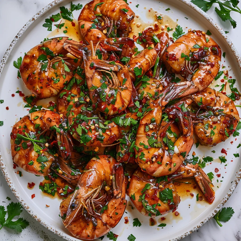 Large, juicy prawns splayed across a round white platter, adorned with a vibrant scattering of freshly chopped green parsley. The prawns themselves are glossy, glazed in a blend of soy, garlic, and ginger, giving off an enticing sheen. There are specks of crushed red pepper for visual pop and a hint of heat.