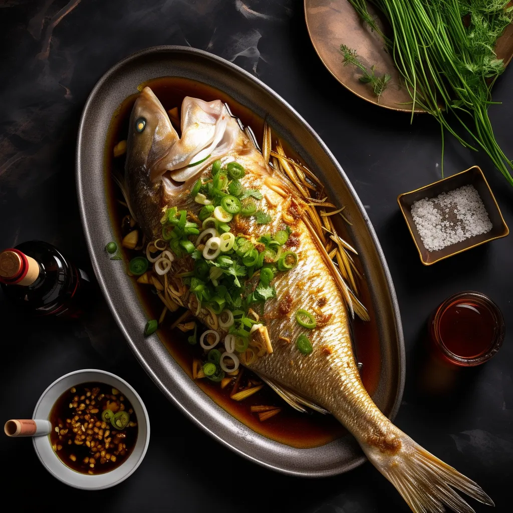 A whole sea bass covered with sliced ginger and scallions, surrounded by a golden broth of soy sauce and sesame oil.