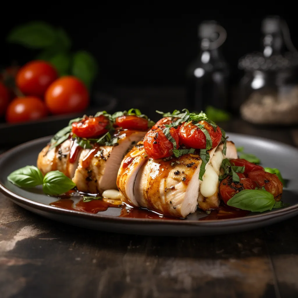 The plated dish features juicy chicken breasts stuffed with mozzarella, tomatoes, and basil, topped with a vibrant tomato sauce and fresh herbs.