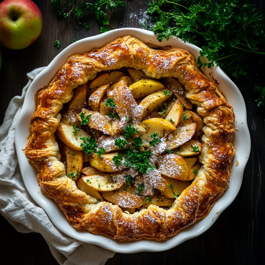 The rich, golden tones of caramelised apples contrast beautifully with the vibrant, fresh green of parsley, on a canvas of rustic, flaky pastry nestled in a classic white serving dish. The light dusting of powdered sugar gives it an ethereal finish.