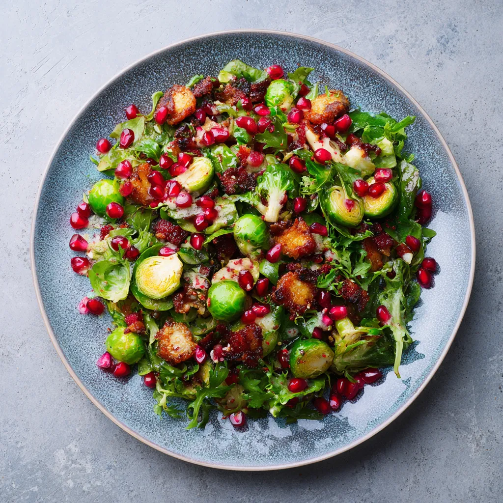 Vibrant greens lightly dusted with ruby-red pomegranate seeds and speckled with chunks of caramelized Brussels sprouts and crispy pancetta, all dressed in a light mustard vinaigrette. The plate is a kaleidoscope of colors and textures, perfectly ready for that Instagram snapshot.