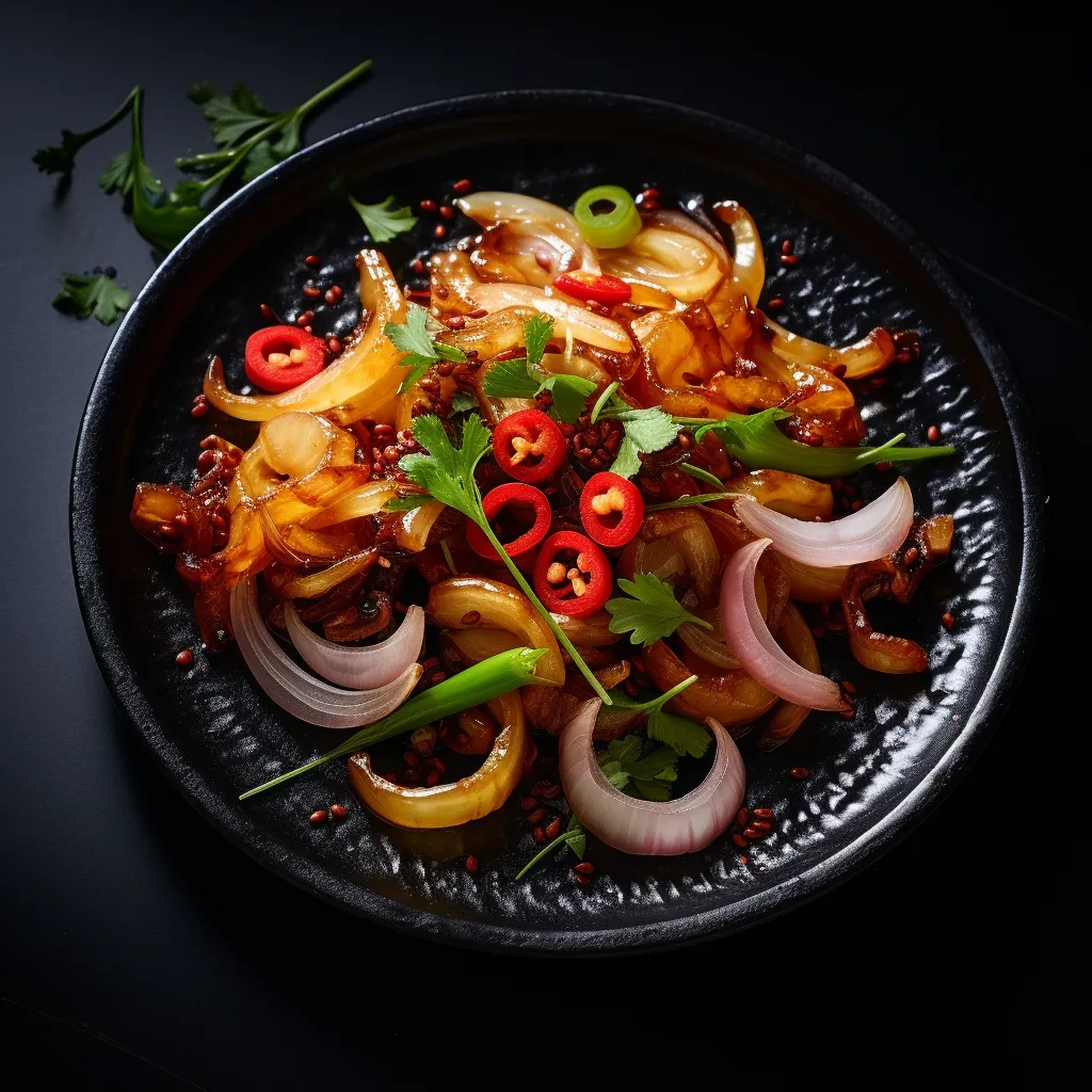 A vibrant side dish presented on a sleek black plate: golden caramelized onion rings intermingled with translucent lychee halves, decorated with red szechuan peppercorns, and sprinkled with finely chopped spring onions. The shiny glaze gives it a tantalizing glossy finish.