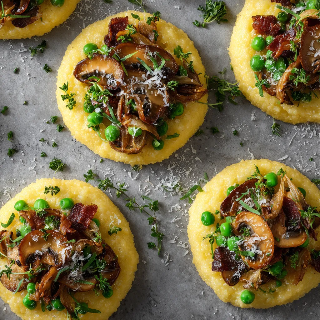 Beautiful mounds of creamy yellow polenta, garnished with golden-brown crispy cuts of pancetta, scattered vibrant green peas, and a healthy sprinkle of sharp Parmesan. Caramelized onion and brightly sautéed wild mushrooms festively dot the peaks of the polenta.