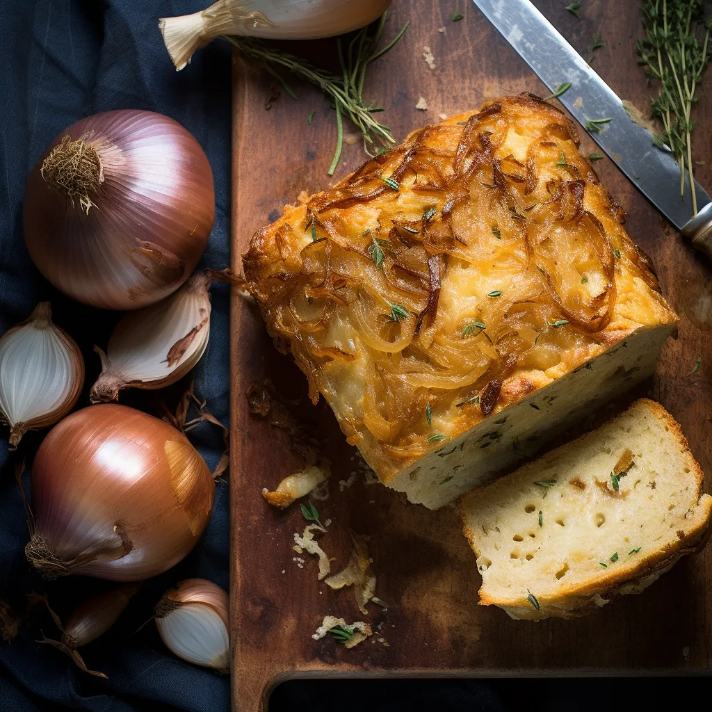 A rustic loaf of bread with a golden cheesy crust and caramelized onions throughout.