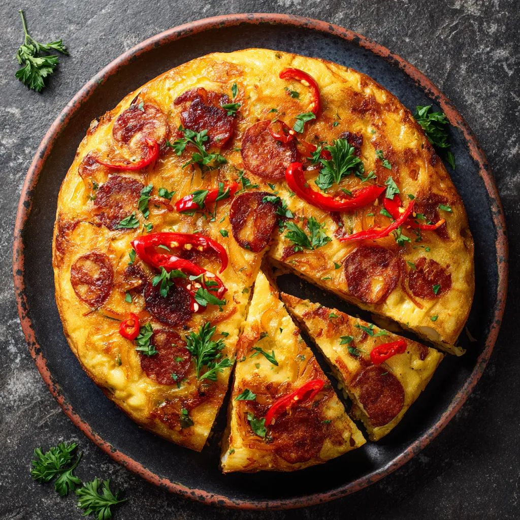 From above, you're greeted with a vibrantly colored, rustic-edged tortilla, looking golden and crisp. Garnished with sprigs of fresh parsley, and slices of chorizo, it exudes a warm, inviting aura. The red accents of piquillo peppers scattered on top bring a splash of color contrasting the golden hues.