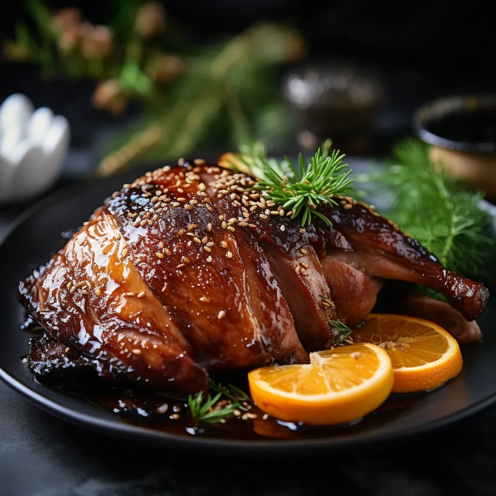 A snowy pile of roasted duck is centred on a bright white plate, coated in a glossy pomelo glaze. Its crispy skin is visible, contrasting against the tender pinkish meat. Garnished with sprigs of thyme, slices of caramelized pomelo, and a dusting of coarse ground black pepper, it's a tactile landscape of gourmet delight.
