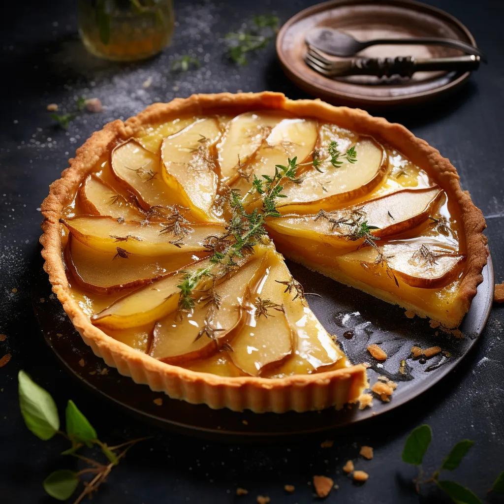 A golden tart base holding a creamy, caramel-colored custard speckled with finely chopped, caramelized leeks. On top, arranged in a star formation, are five wedges of glassy, cardamom-infused pears glistening under a thin glaze. Garnished with tiny sprigs of mint.