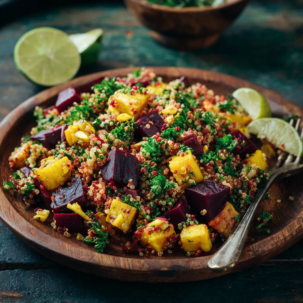 A lush medley of colors greets your eyes: dark, earthy red beet cubes mingling with glistening golden ackee, offset by the soft pastel shades of quinoa, and finished with a bright parsley garnish. The steamy, vibrant salad sits on a rustic wooden plate, with a fork resting beside it, and a slice of lime for that last-minute zest.